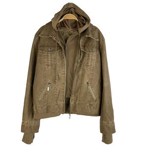LOCK & LOVE Hooded Aviator Waxed Jacket Women XL Tan Faux Leather Bikercore NEW